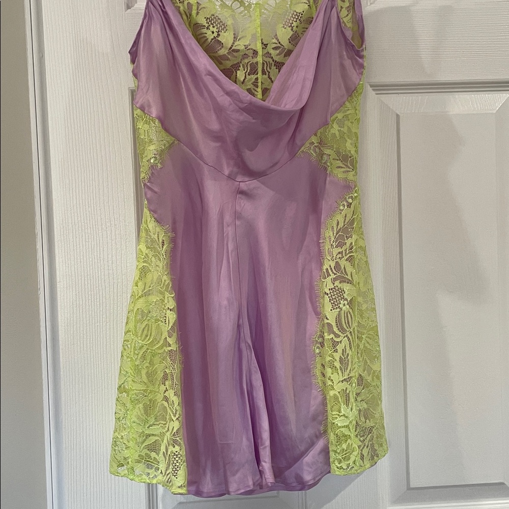 For Love & Lemons Lavender Slip Dress with Neon Yellow Trim- Size Small NWT - Picture 5 of 10